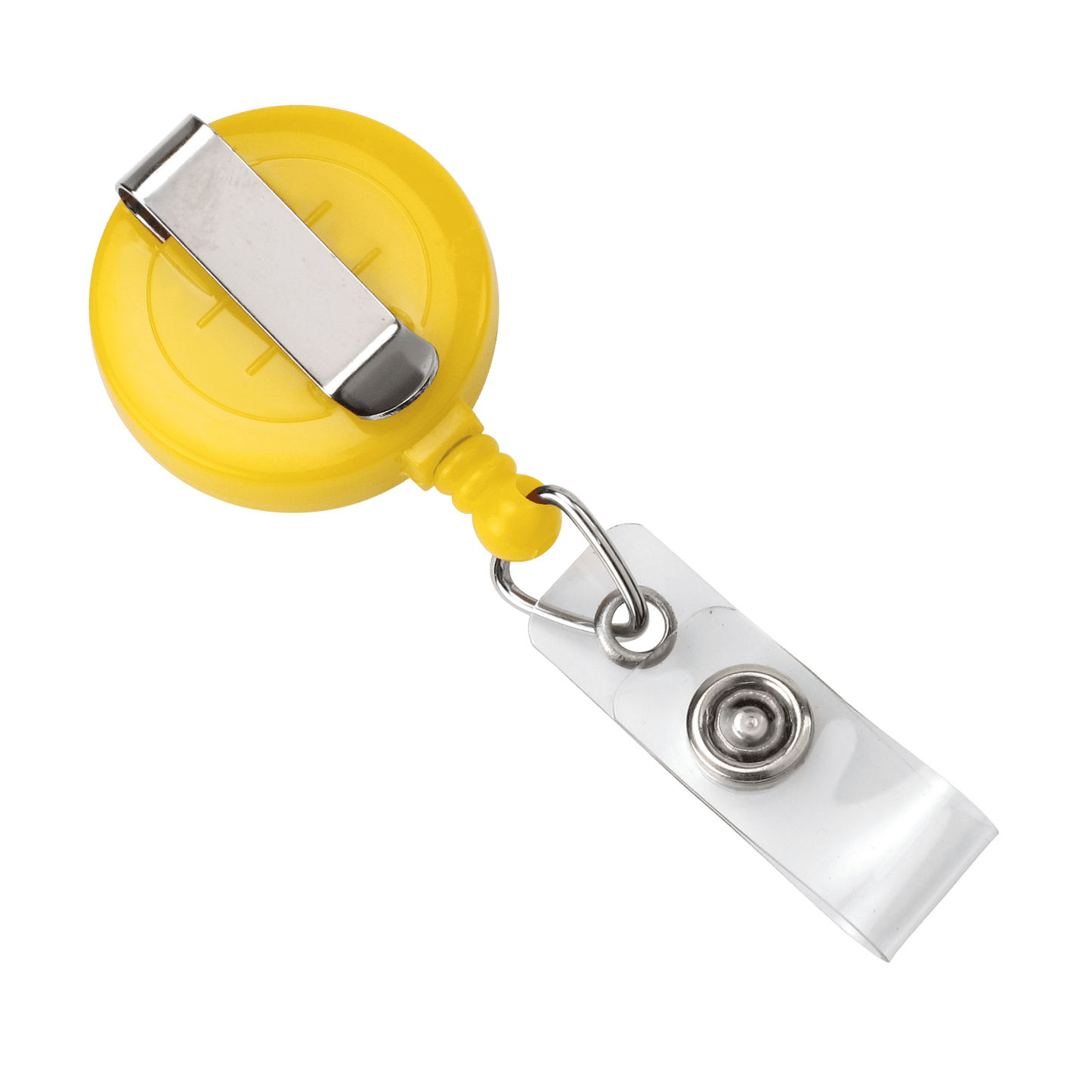 A Custom Printed Retractable Badge Reels With Belt Clip - Personalize with Your Brand Logo with a metal clip and clear plastic snap strap attached, perfect for custom badge reels to promote brand awareness with full color graphics.