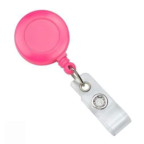 Neon pink badge reel with belt clip and clear vinyl strap, 2120-3081
