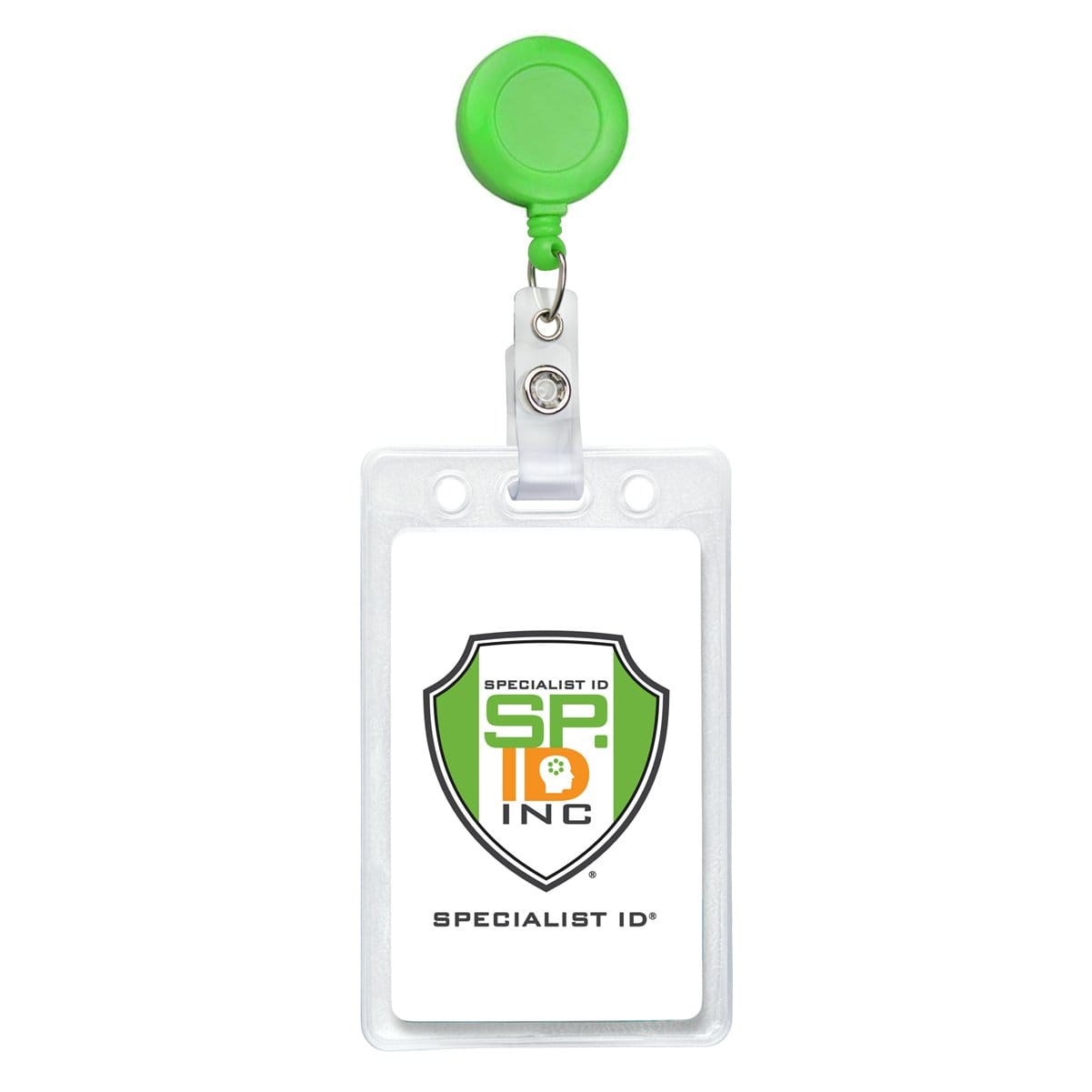 A clear plastic ID badge holder with a Neon Badge Reel with Belt Clip (P/N 2120-308X) displays a logo that reads "Specialist ID Inc".
