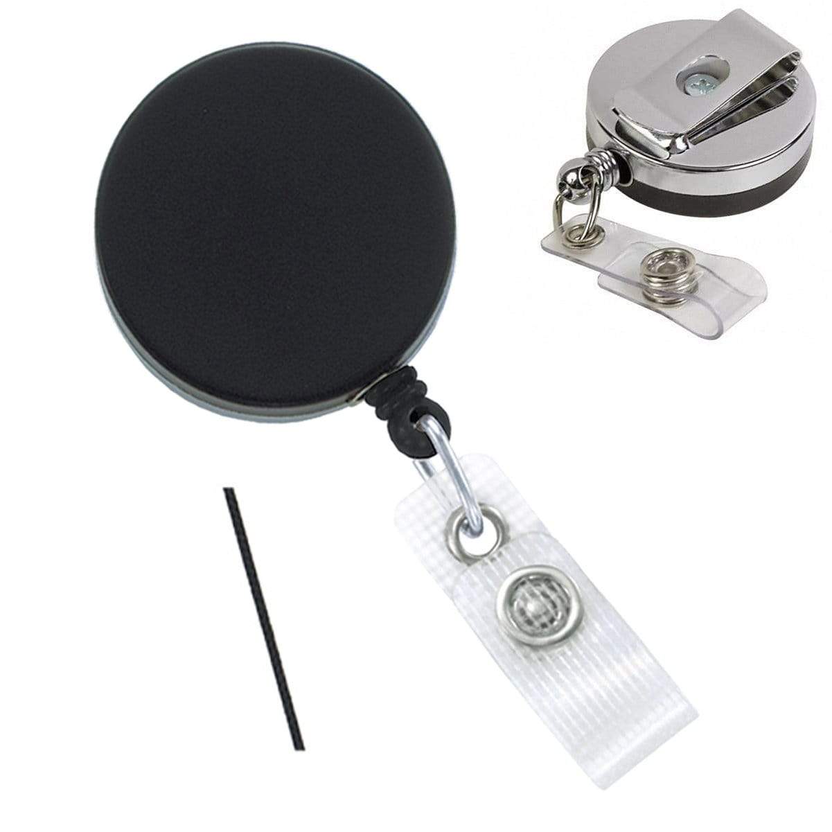 A Black Chrome Heavy Duty Badge Reel with Belt Clip (2120-3300) and a horizontal badge holder attachment.