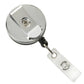 A Black Chrome Heavy Duty Badge Reel with Belt Clip (2120-3300) features a metal retractable reel with a sturdy belt clip and a clear plastic strap.