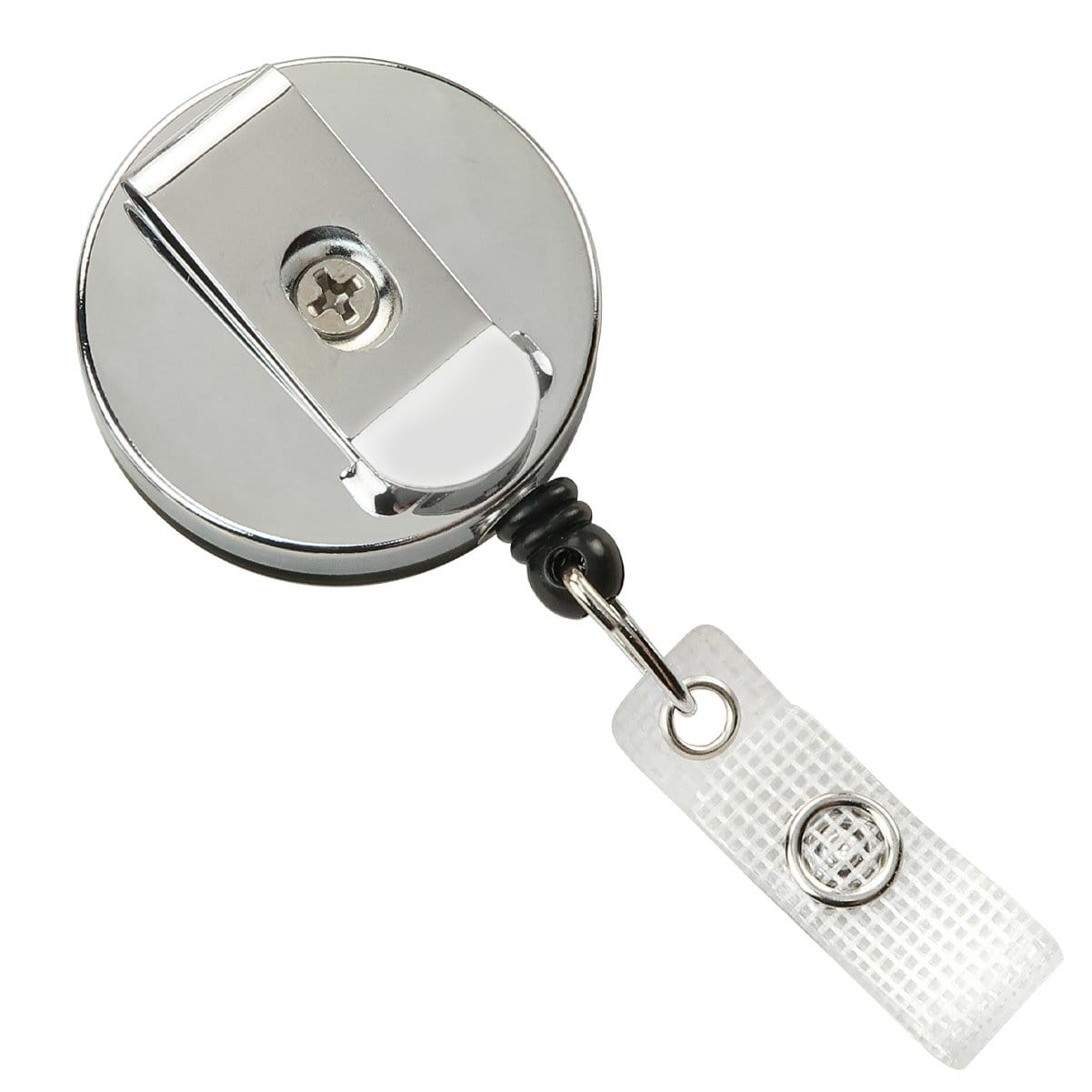 A Black Chrome Heavy Duty Badge Reel with Belt Clip (2120-3300) features a metal retractable reel with a sturdy belt clip and a clear plastic strap.