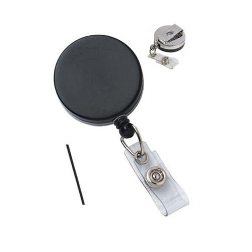 A Black/Chrome Heavy Duty Badge Reel With Nylon Cord Clear Vinyl Strap And Belt Clip (P/N 2120-3310) is shown against a plain white background.