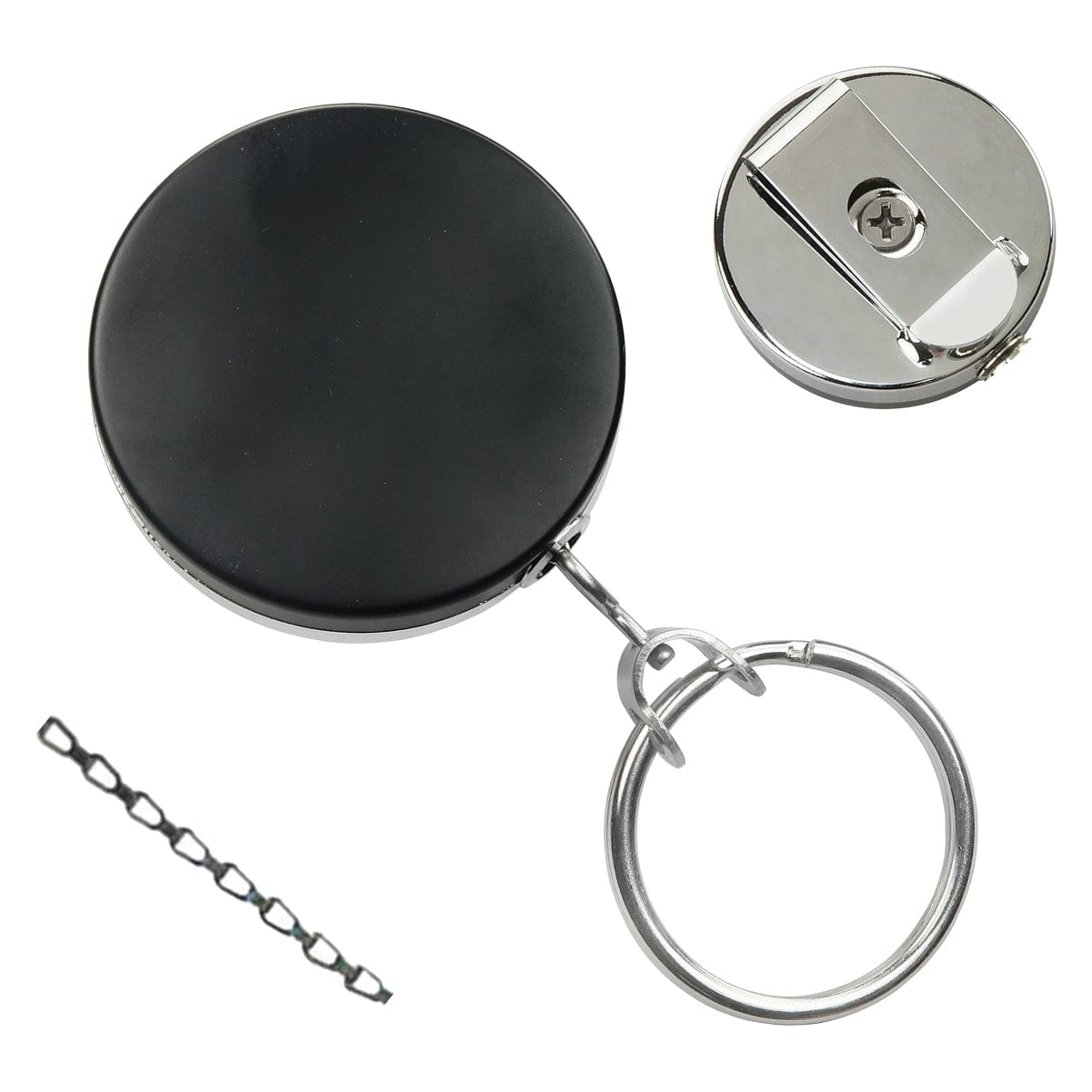 The Heavy Duty Badge Reel with Chain & Belt Clip - Strong All Metal Retractable Keychain for Keys and Badges (2120-3325) in sleek black features a retractable keychain with an attached keyring. The image also showcases a separate metal clip and a short chain, highlighting its versatile design. Additionally, the included belt clip ensures easy and secure attachment.