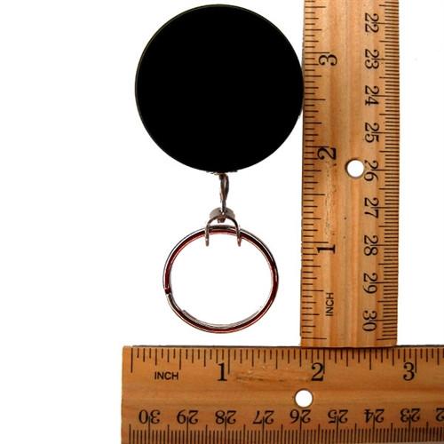 A Heavy Duty Badge Reel with Chain & Belt Clip - Strong All Metal Retractable Keychain for Keys and Badges (2120-3325) is placed between two wooden rulers, with one ruler horizontally and the other vertically oriented.