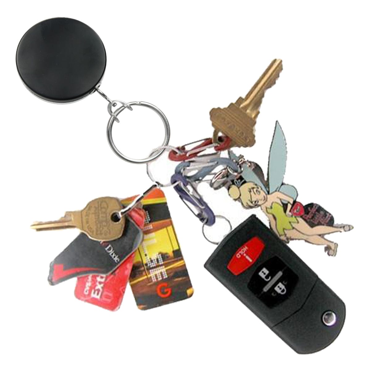 A Heavy Duty Badge Reel with Chain & Belt Clip - Strong All Metal Retractable Keychain for Keys and Badges (2120-3325) includes various keys, a keycard, a car remote, and a small decorative charm of a fairy.