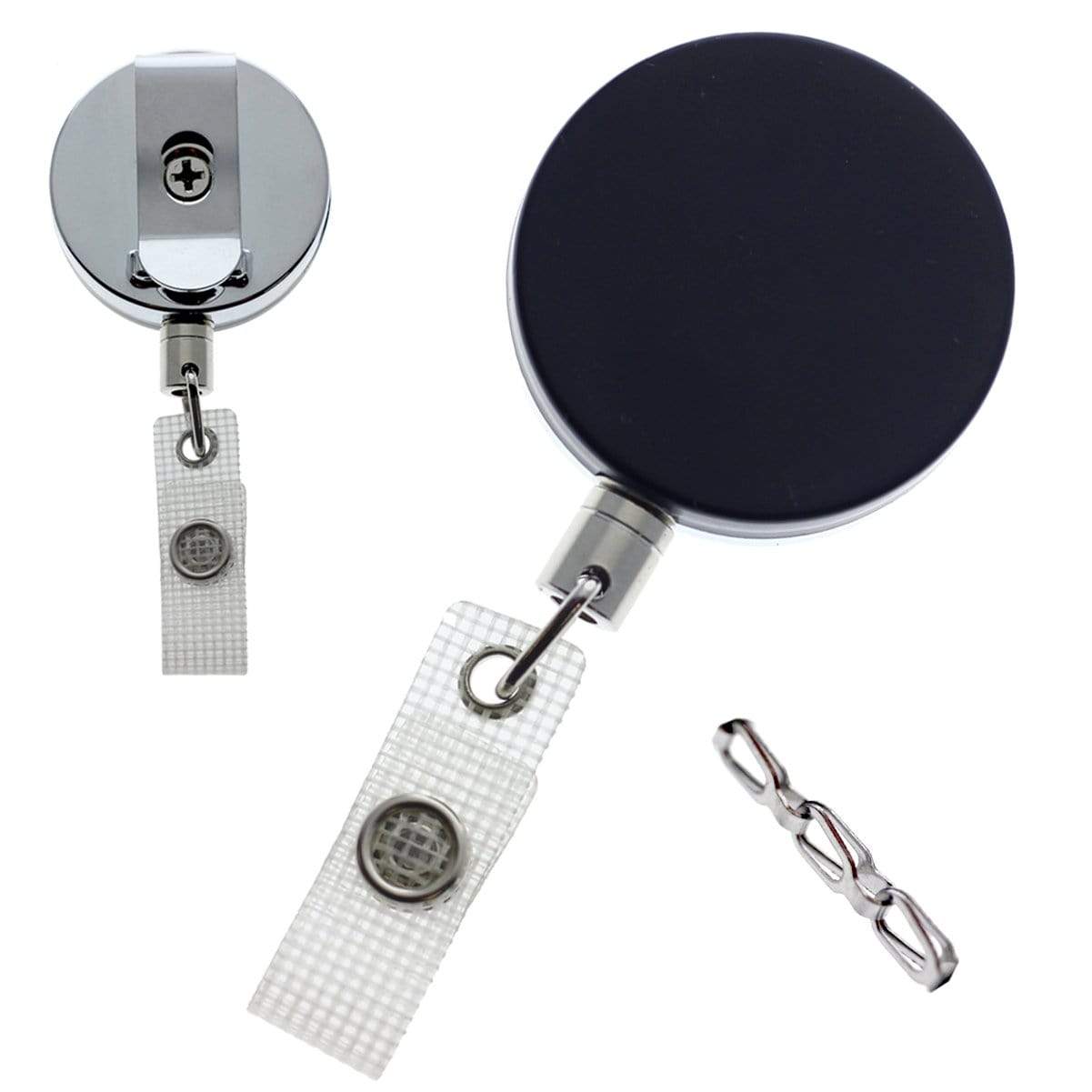 A round, Heavy Duty Badge Reel With Chain (P/N 2120-3375) with a retractable chain and a belt clip, featuring a white fabric attachment point shown from multiple angles.