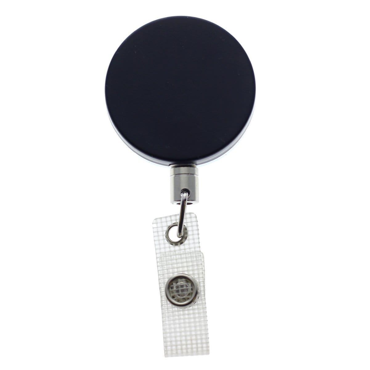 A black circular Heavy Duty Badge Reel With Chain (P/N 2120-3375) with a retractable chain and belt clip attached.