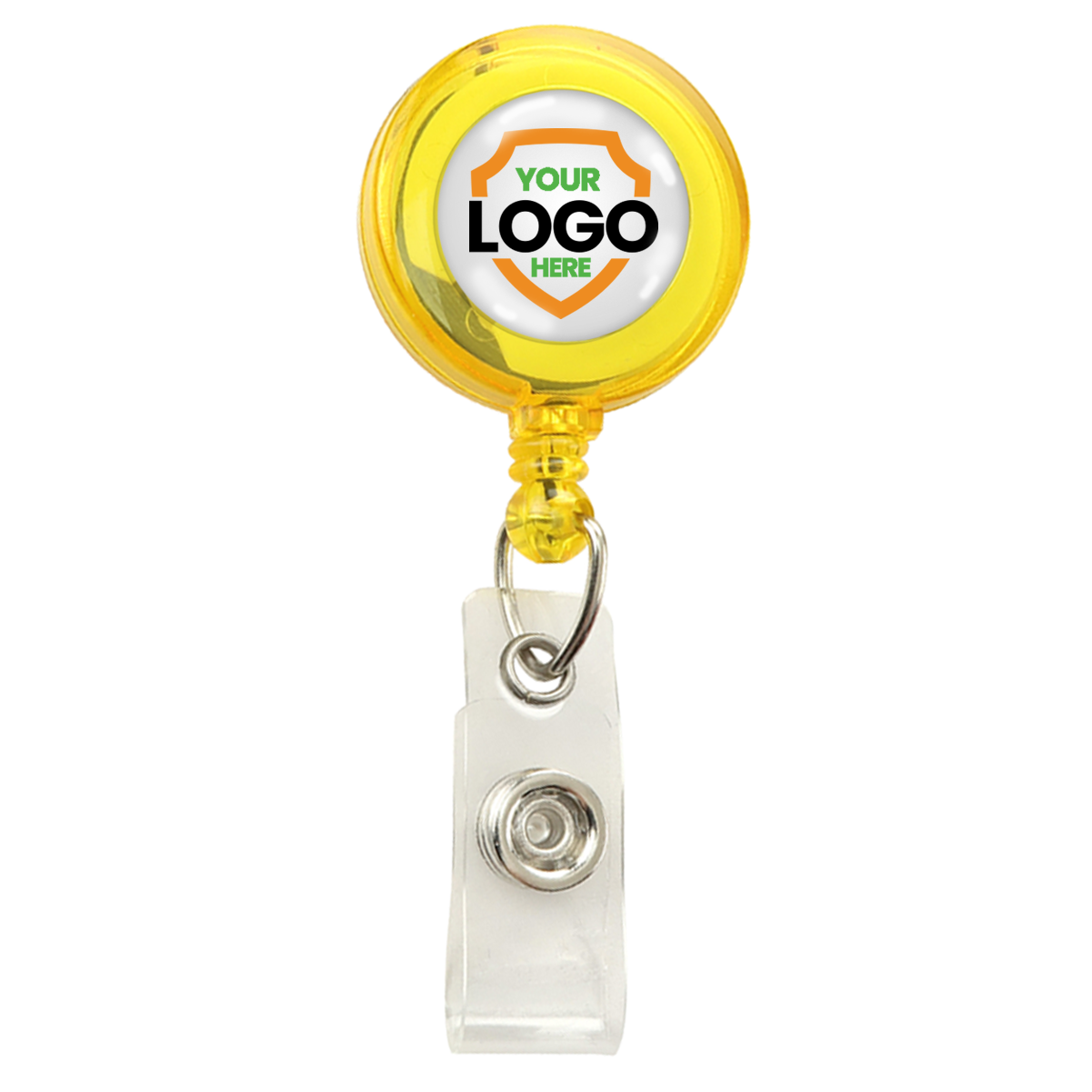 Yellow Translucent Custom Retractable Badge Reel With Belt Clip (2120-360X) with a circular top area displaying "Your Logo Here" text, perfect to promote brand awareness. Comes with a plastic clip at the bottom for easy attachment.