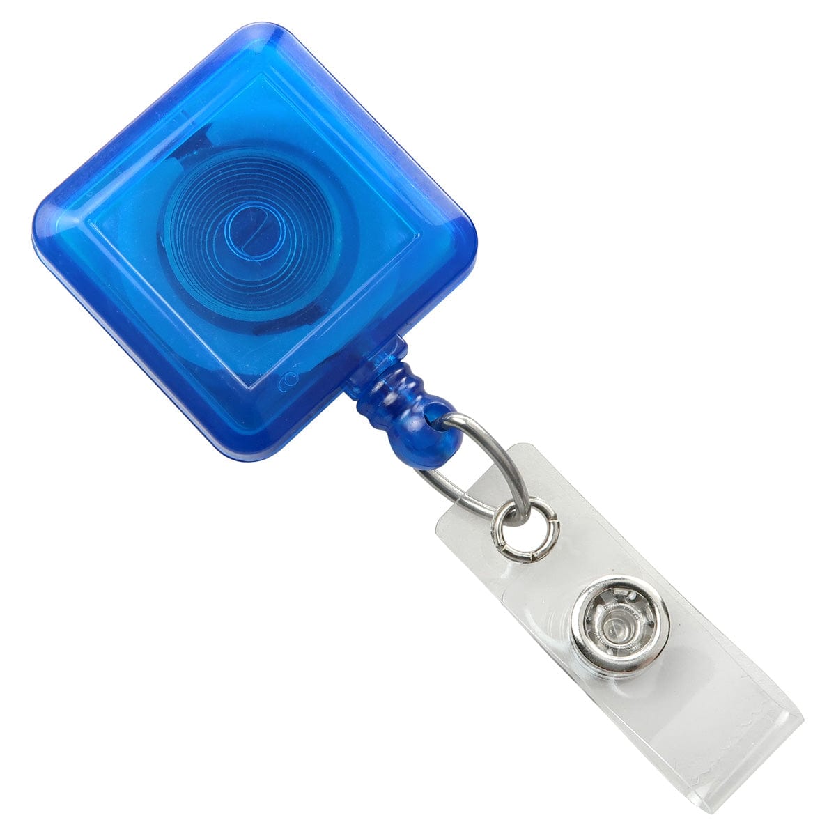 A Translucent Blue Square Badge Reel With Clear Vinyl Strap & Belt Clip (P/N 2120-3862).