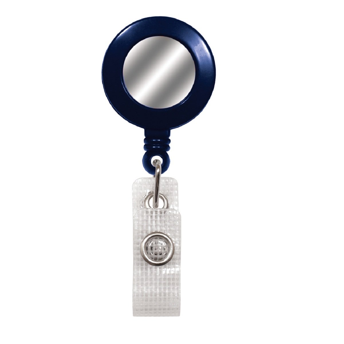 A Badge Reel With Silver Sticker, Reinforced Vinyl Strap & Spring Clip (P/N 2120-450X) with a dark blue circular casing and a reinforced vinyl strap featuring a metal snap button.