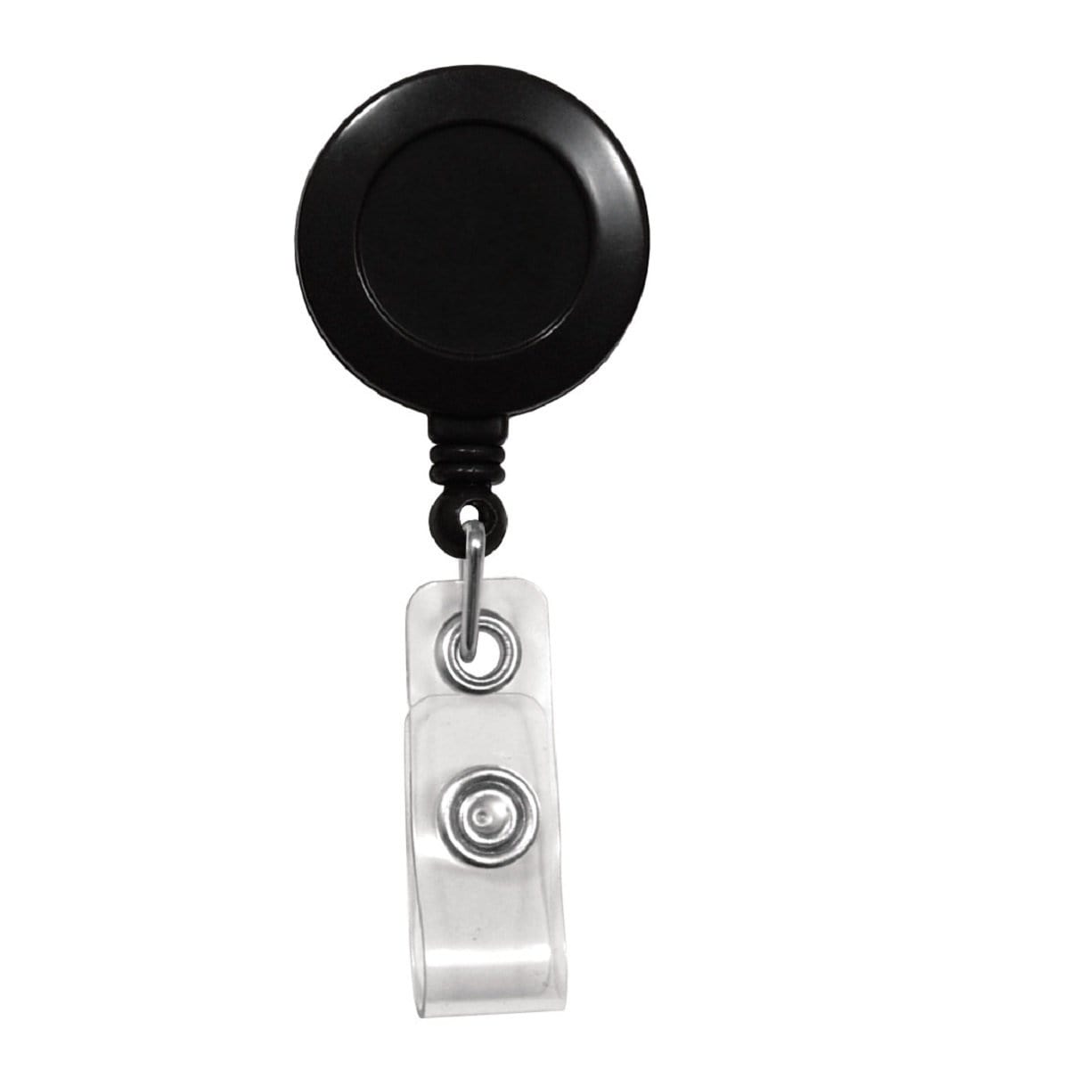 A Badge Reel with Non-Swiveling Spring Clip / Pinch Clip (2120-470X) featuring a retractable cord with a clear plastic strap and metal snap button for attaching identification cards.