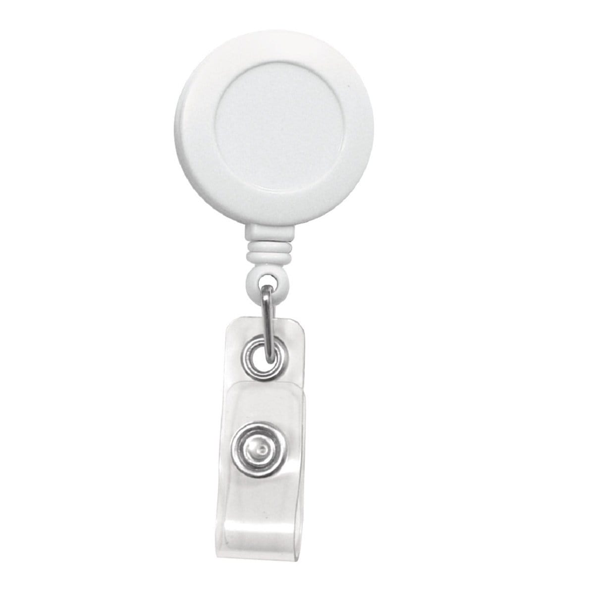 A Badge Reel with Non-Swiveling Spring Clip / Pinch Clip (2120-470X) with a transparent vinyl strap, metal snap, and a sturdy spring clip.