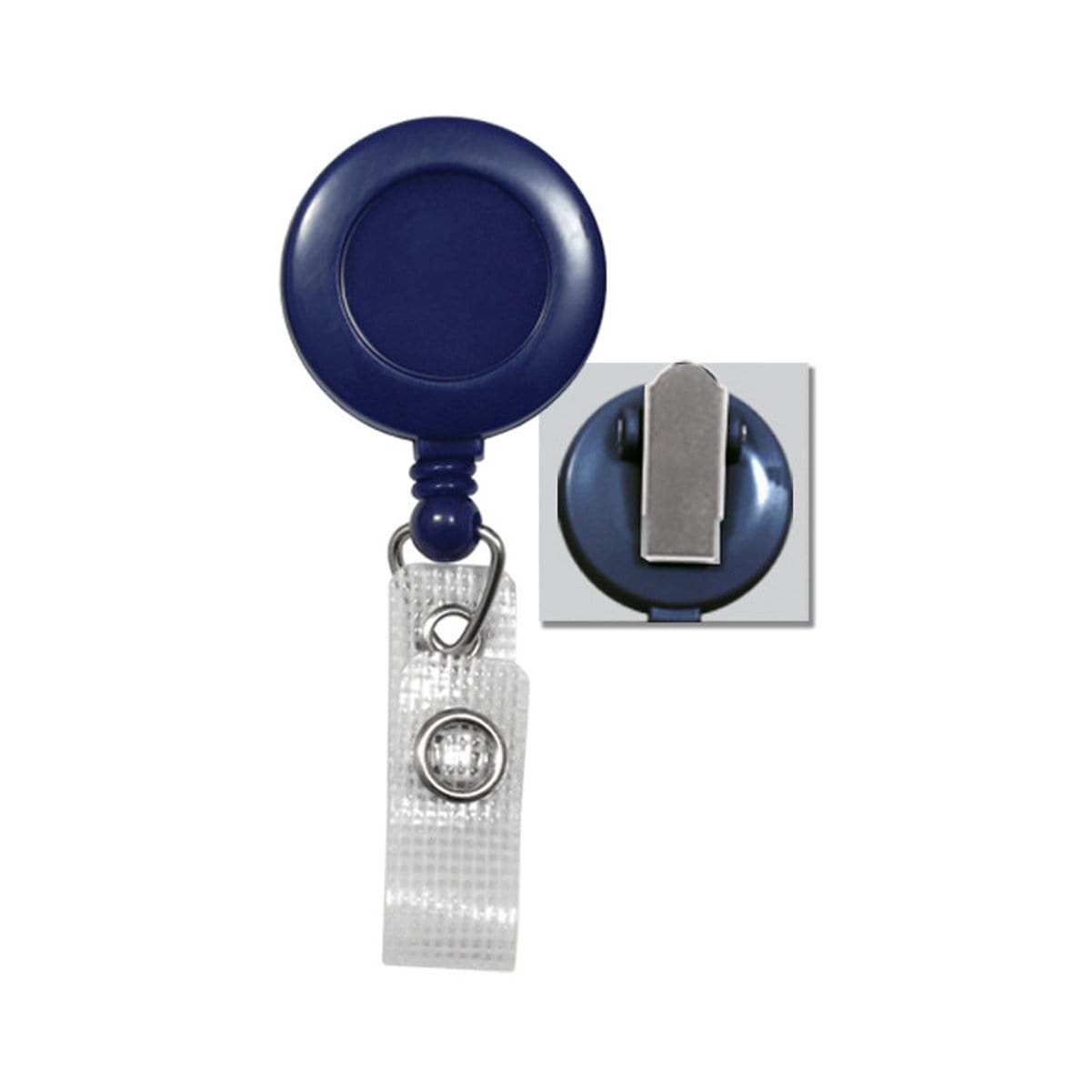 A Badge Reel With Reinforced Vinyl Strap And Spring Clip (P/N 2120-475X) in blue with a silver spring clip and a reinforced vinyl strap. An inset image shows a close-up of the belt clip on the back.