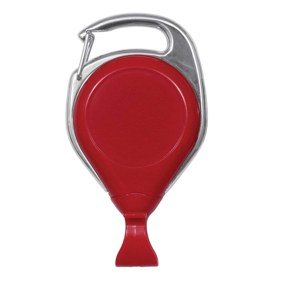 Red and silver Proreel Carabiner Badge Reel with Belt Clip (P/N 2120-706X) with a round center, a small attached tool at the bottom, and a handy Proreel belt clip.