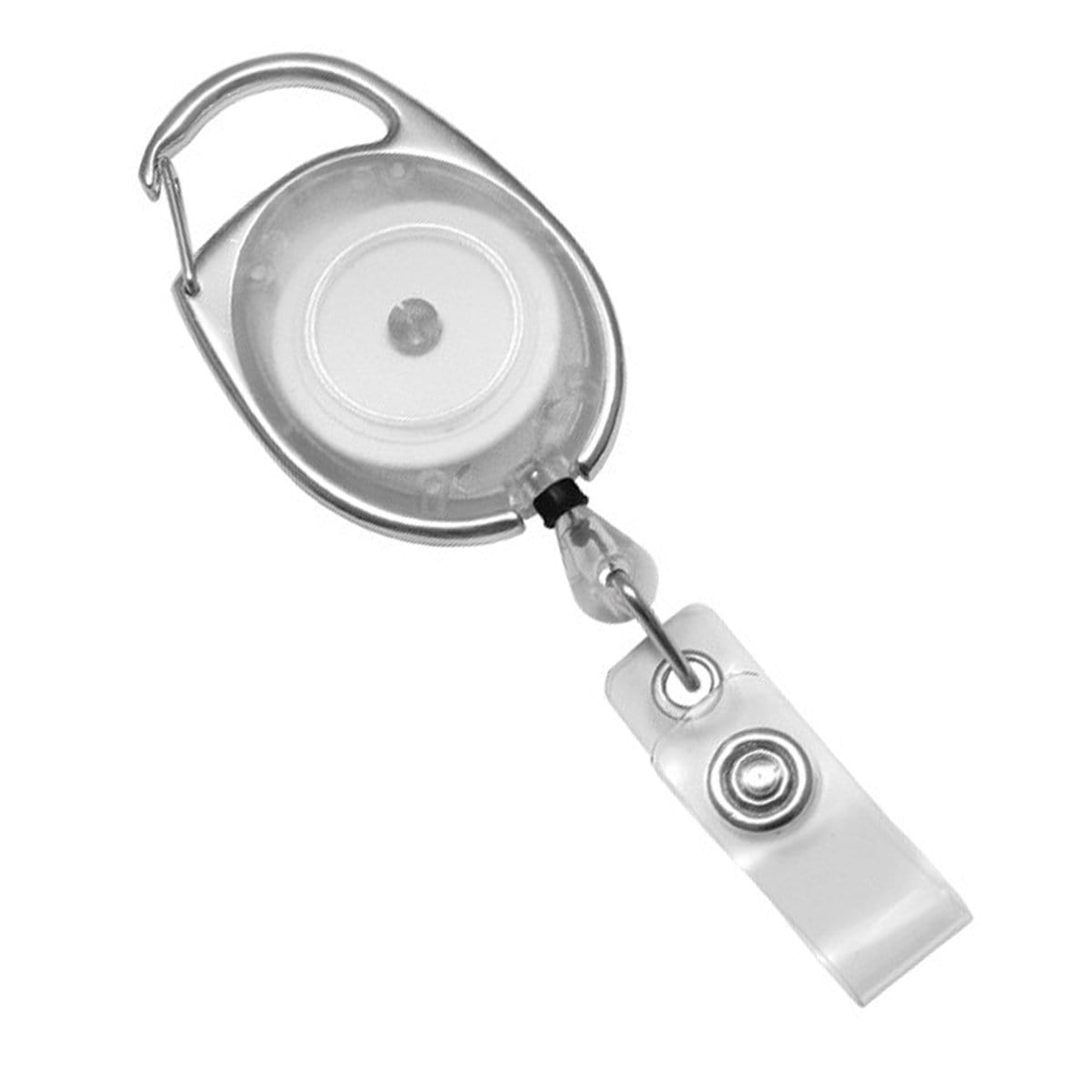 A **Carabiner Badge Reel - Premium Retractable Oval Badge Holder with Carabiner Clip for Belt Loops & Purse Straps (2120-70XX)** featuring a retractable holder with a clear plastic clip and a sturdy metal carabiner clip attached.