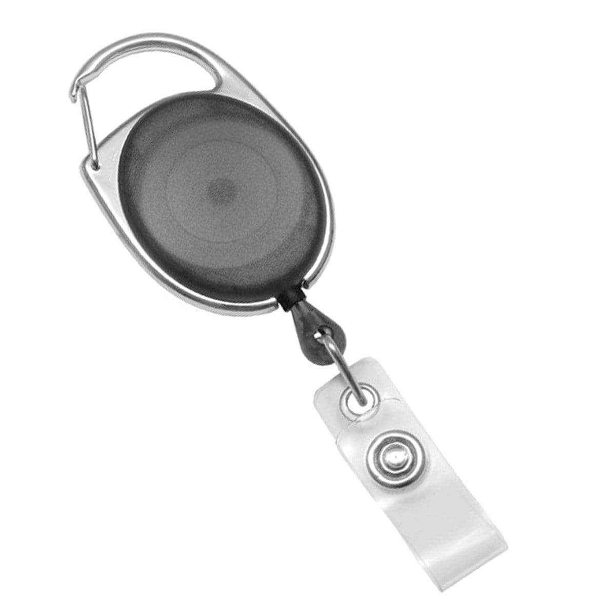 A Carabiner Badge Reel - Premium Retractable Oval Badge Holder with Carabiner Clip for Belt Loops & Purse Straps (2120-70XX) featuring a carabiner clip and a clear plastic snap-on strap attachment.