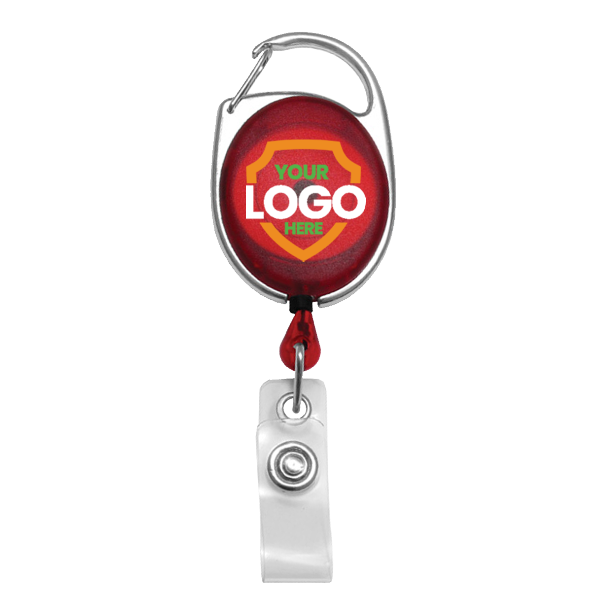 A red retractable badge reel with a silver clip, featuring a placeholder that reads "Your Logo Here". The Custom Printed Oval Shaped Carabiner Badge Reels - Online Designer - Add Personalized Logo or Graphic is attached to a white plastic strap with a metal button, perfect to promote brand awareness.