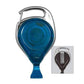 Blue and silver retractable Proreel Carabiner Badge Reel with Belt Clip (P/N 2120-706X) on top and a belt clip on the back.