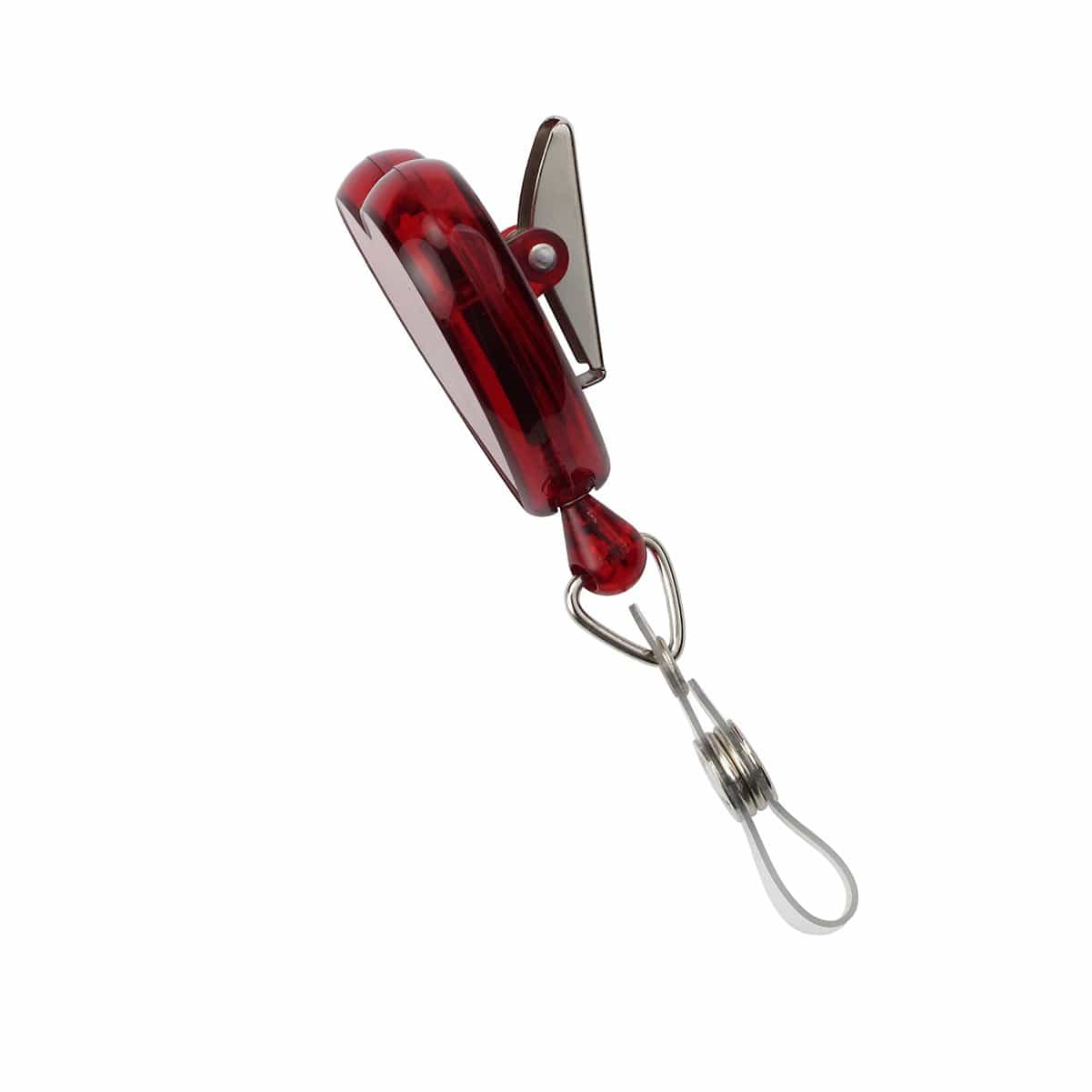 A Heart Shaped Badge Reel With Rotating Spring Clip (P/N 2120-761X) features a red retractable cord, a swivel spring clip on the back, and a metal loop at the end. Sold by Specialist ID.
