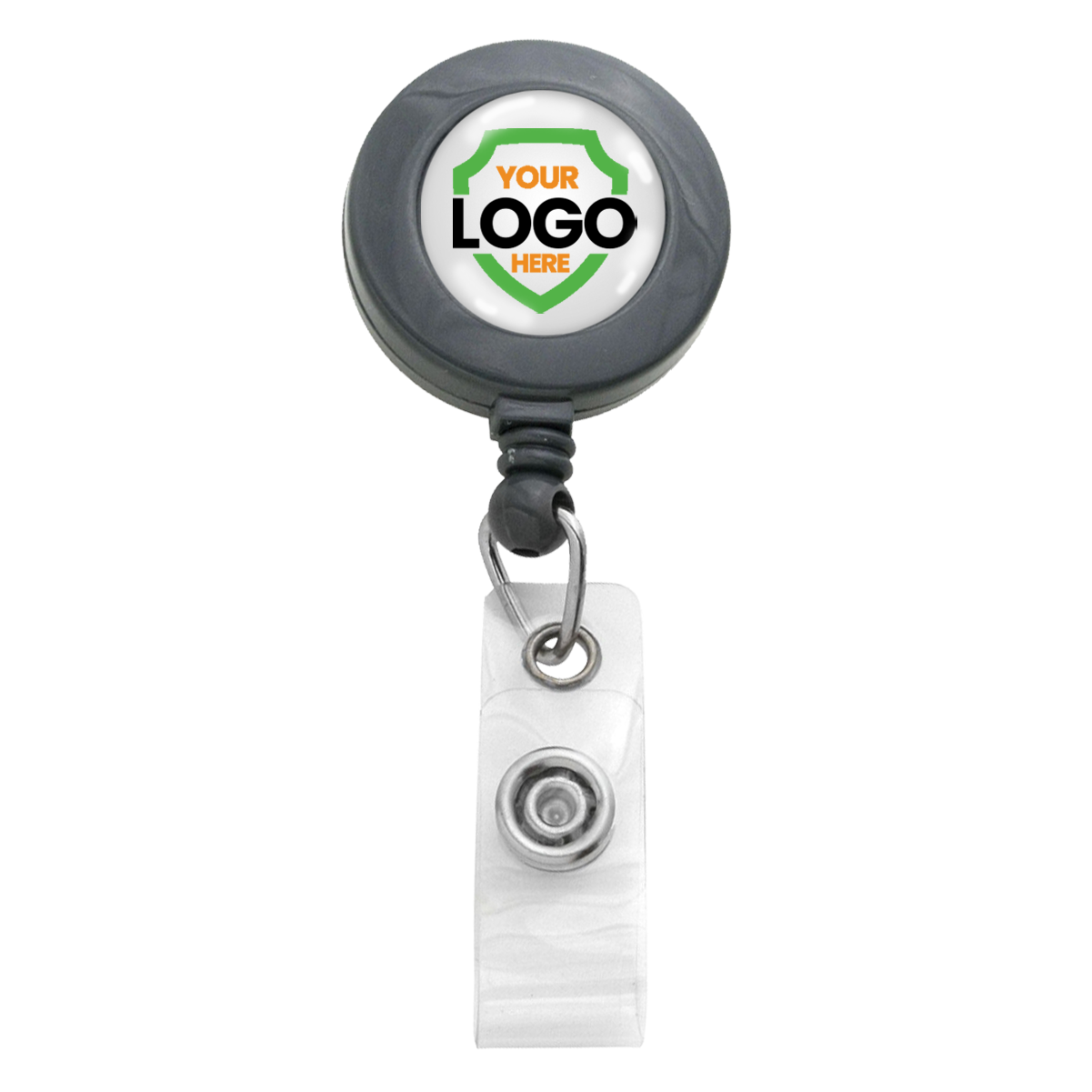 A round retractable badge holder with a customizable logo space at the center and a clear clip attachment at the bottom, perfect for promotional giveaways. These Custom Badge Reels with Swivel Spring Clip - Personalized Bulk ID Badge Holders for Business, Nurses, and Teachers are an excellent tool for increasing brand awareness.