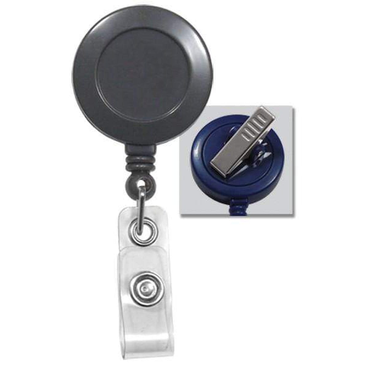 A Badge Reel with Swivel Spring Clip (P/N 2120-760X) with a clear plastic strap and swivel spring clip, shown with a close-up of the back clip attachment.