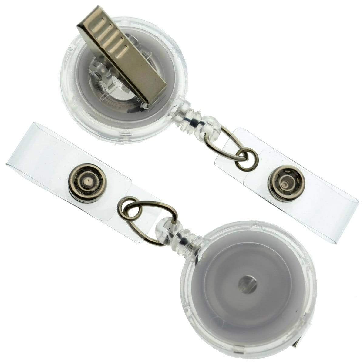 Two Translucent Badge Reels with Swivel Clips (P/N 2120-762X), displayed against a plain white background. Sold by Specialist ID.