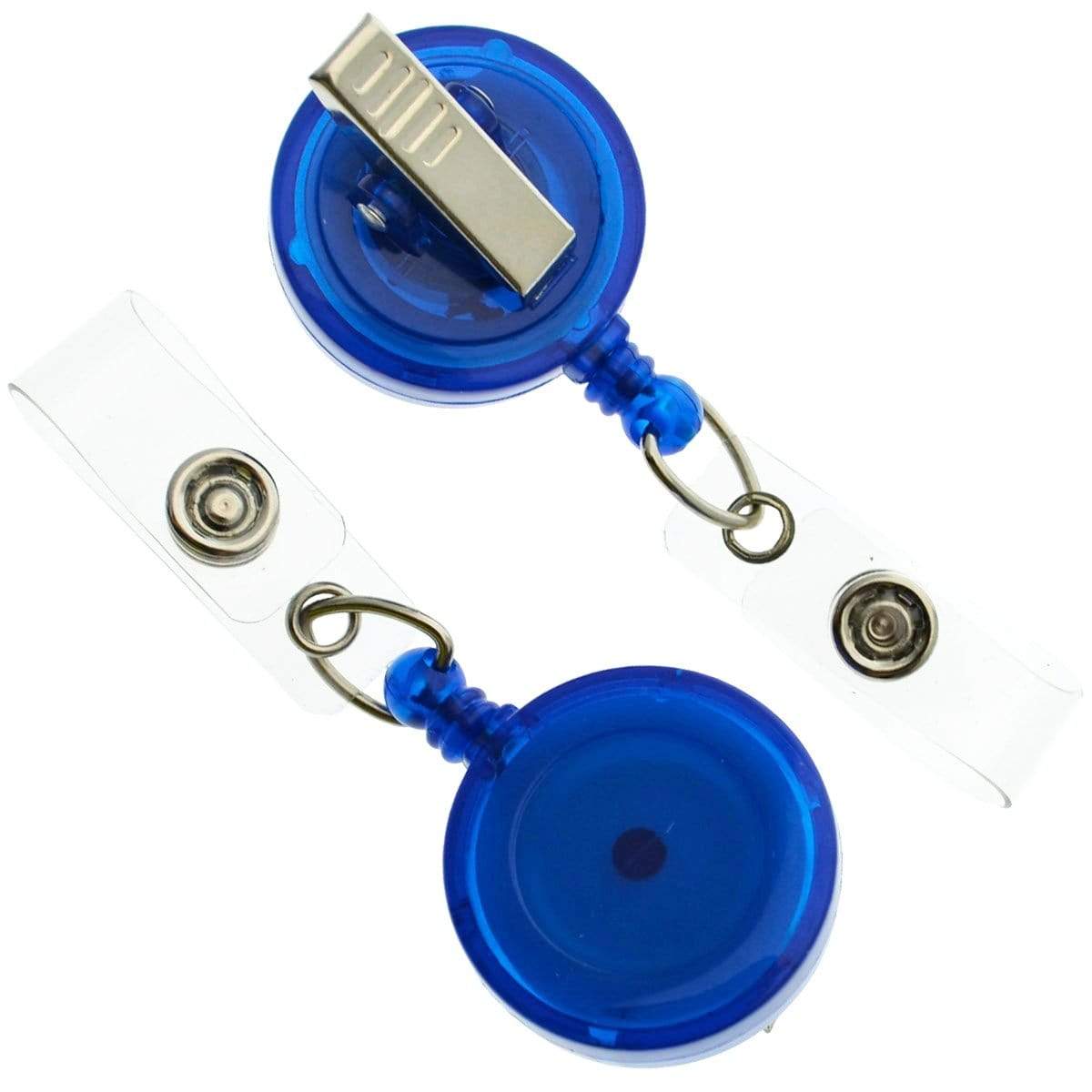 Two Translucent Badge Reels with Swivel Clips (P/N 2120-762X) and clear plastic straps, designed for holding ID cards or badges. Sold by Specialist ID.