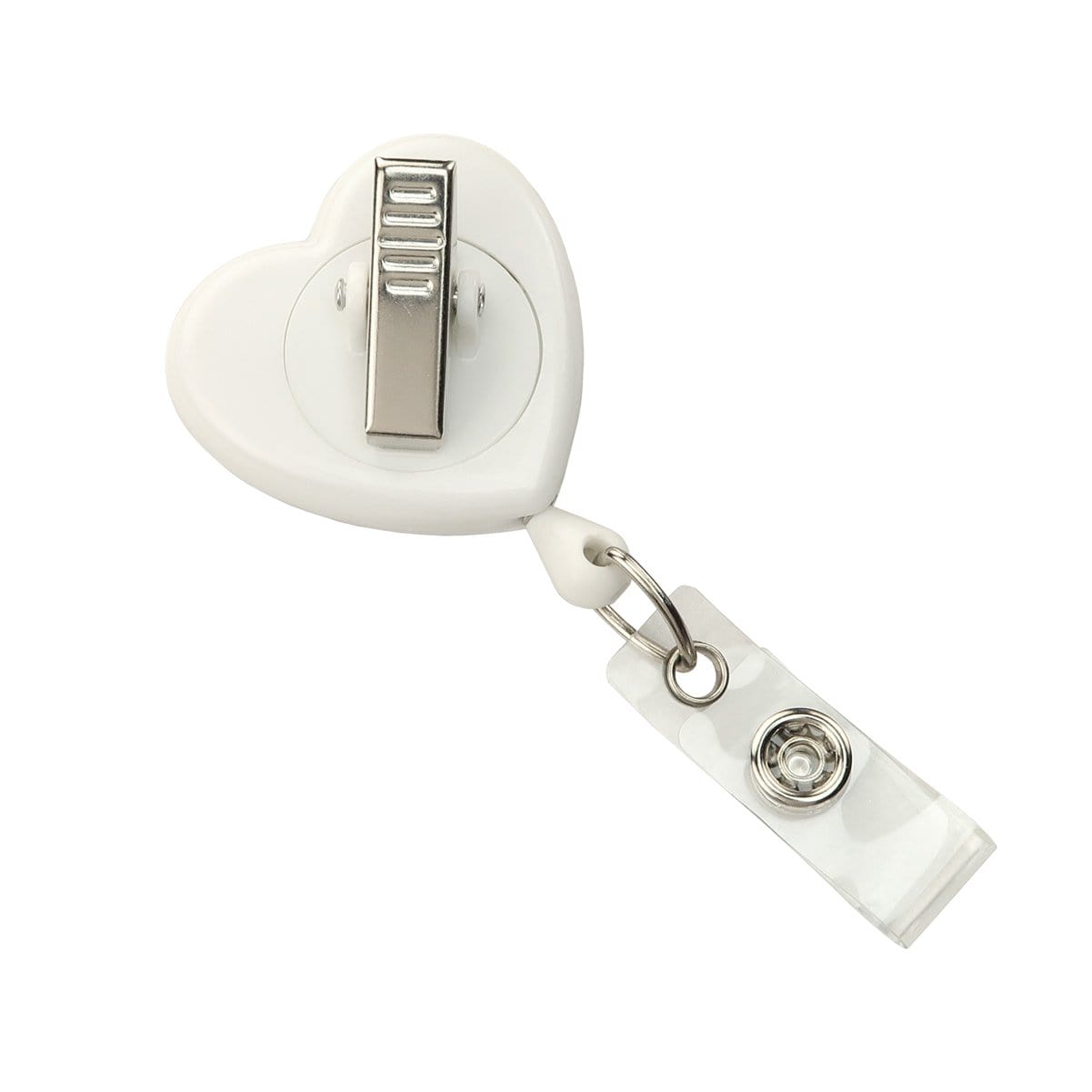 A white, heart-shaped EKG themed badge reel with a metal swivel spring clip and a clear plastic strap for attaching an ID badge or card, perfect for a hospital setting.
Revised Sentence:
A white Heart Shaped EKG Themed Badge Reel with Swivel Spring Clip (2120-76XX) with a metal swivel spring clip and a clear plastic strap for attaching an ID badge or card, perfect for a hospital setting.