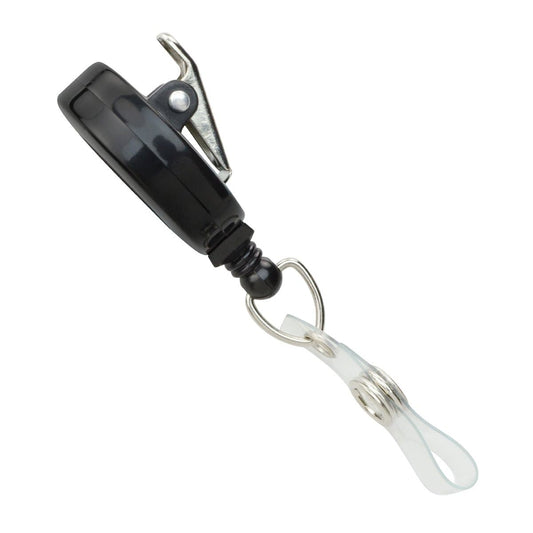A black No Twist Badge Reel with a Swivel Spring Clip (P/N 2120-764X) features a durable metal swivel spring clip and a clear plastic strap attachment, perfect for the medical industry.