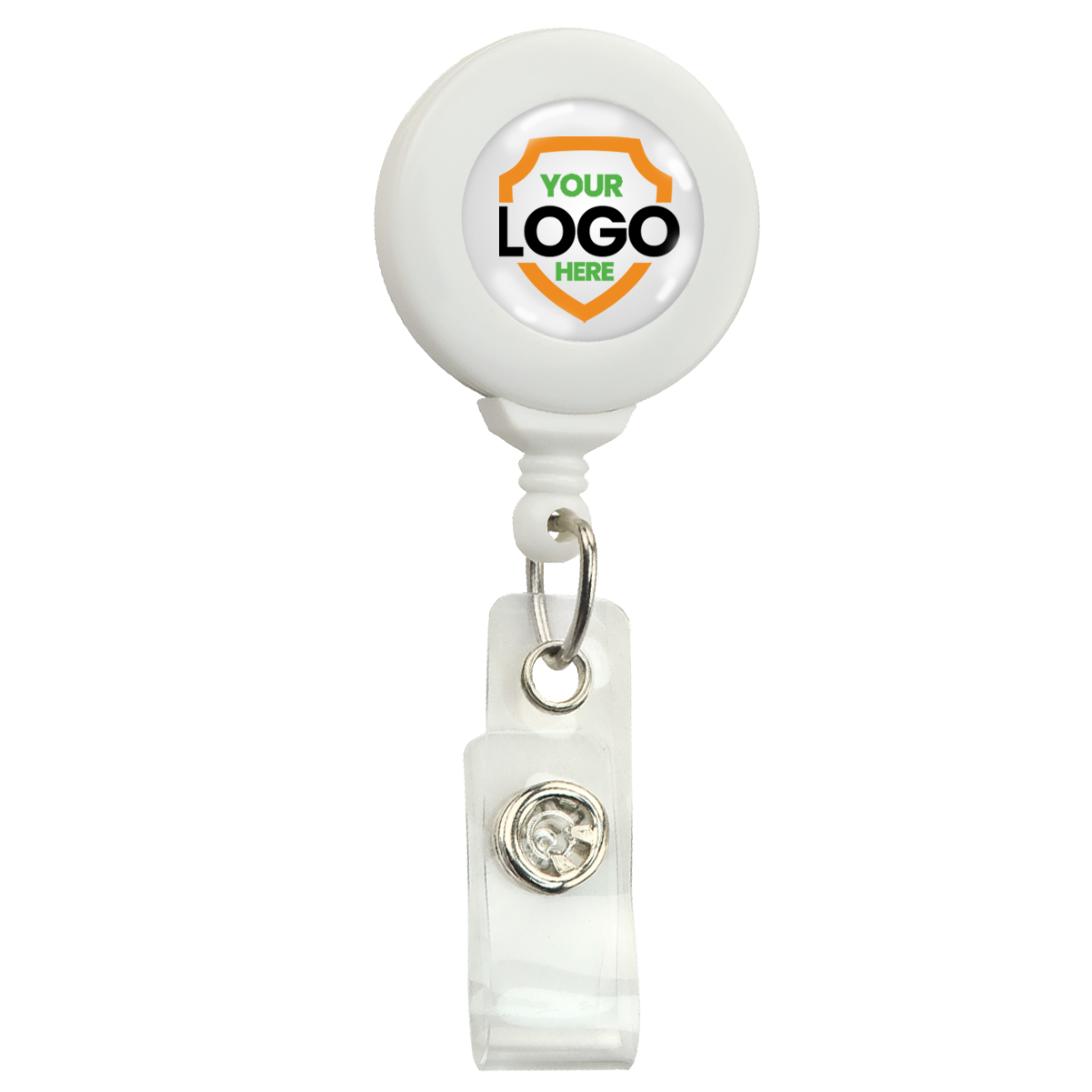 A Standard Custom Printed Badge Reels w/ No Twist Design - Add Your Logo to Personalize with a transparent clip and a round surface labeled "YOUR LOGO HERE" inside an orange and green shield, perfect for promoting brand awareness. This custom badge reel is an excellent way to enhance your professional image.