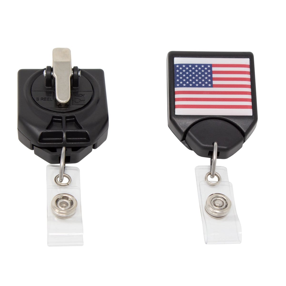 Two retractable badge holders: one with a plain black belt clip, and one with a USA Patriotic Flag B-Reel with Swivel Clip (P/N 2120-7653). Both have clear plastic straps with metal snaps.