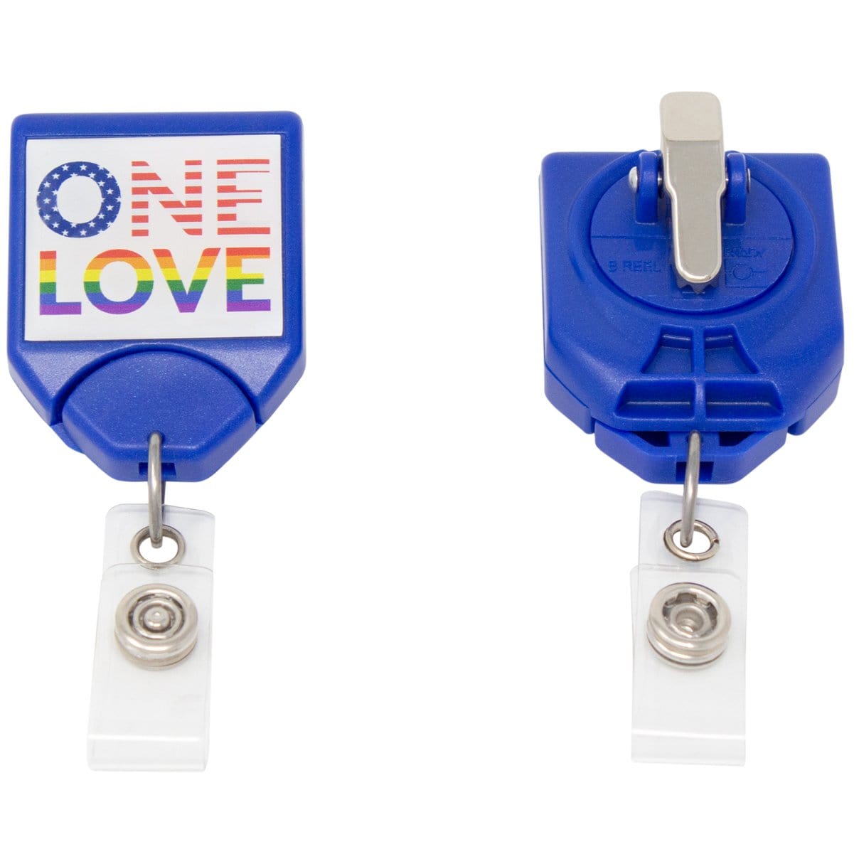 Two blue badge reel holders with clear plastic fastening clips feature a ONE LOVE Patriotic B-Reel with Swivel Clip (P/N 2120-7654) design with rainbow and American flag themes. One holder includes a convenient swivel clip for easy attachment.
