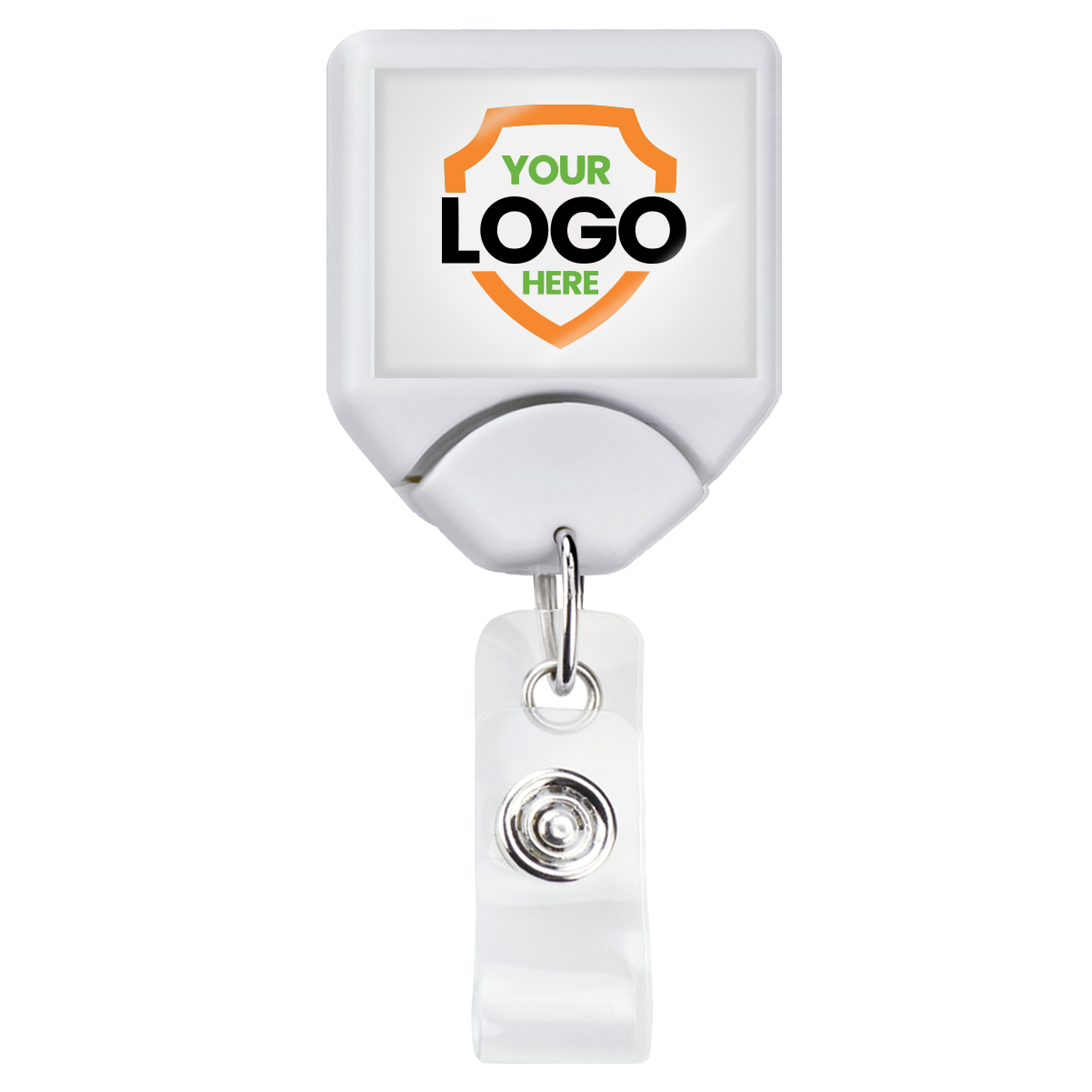 A Custom Printed B-REEL Retractable Badge Reel with Saw-Toothed Swivel-clip. This custom badge reel features a customizable area displaying the text "YOUR LOGO HERE" inside a shield outline, perfect to promote brand awareness.