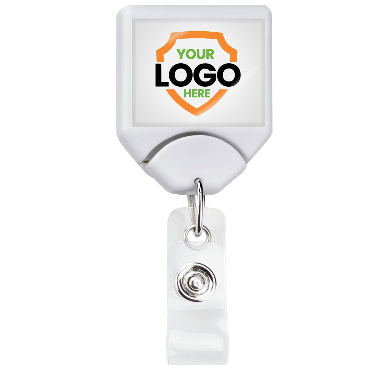 A white rectangular Personalized B-REEL Retractable Badge Reel with Belt Clip - Upload Your Logo designed for brand awareness.
