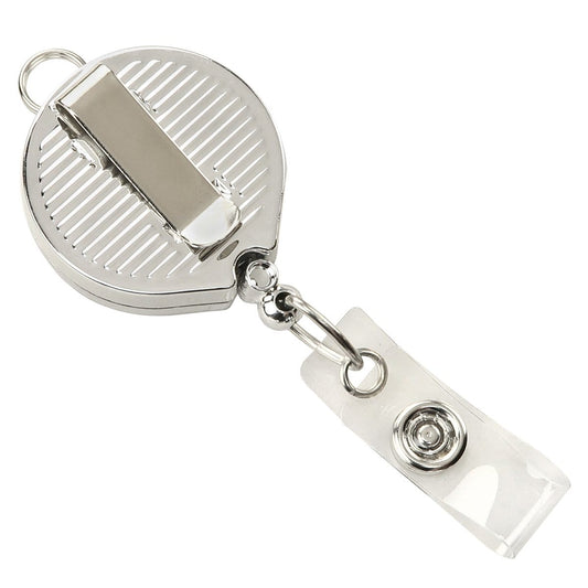 A Custom Badge Reel with Belt Clip and Lanyard Attachment - Add Your Logo, circular and silver in color, featuring a clear plastic strap and button snap for attaching an ID card, perfect for increasing brand awareness with a personalized graphic.