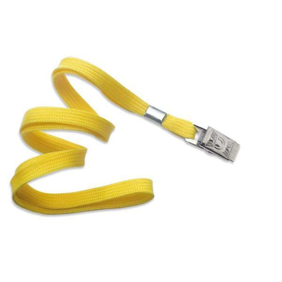 A coiled yellow Flat Braid Woven Non-Breakaway Lanyard With a Steel Bulldog Clip (P/N 2135-355X) attached at one end. Sold by Specialist ID.
