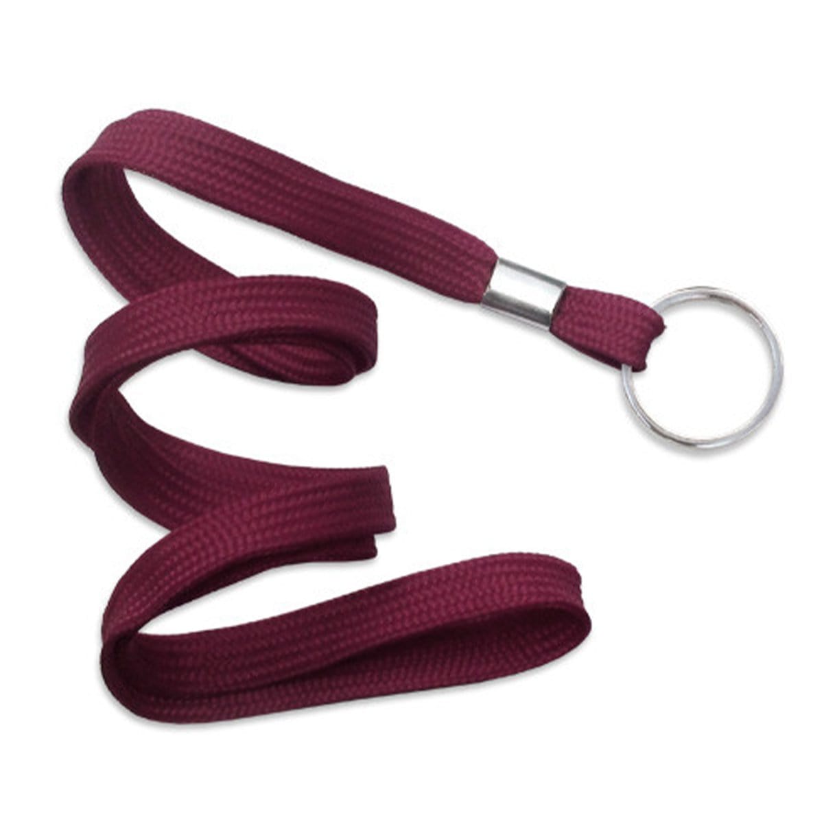 A maroon, durable Flat Lanyard with Key Ring - 3/8 Inch Non Breakaway Neck Lanyard for Keys or ID (2135-365X) with a sturdy silver key ring attachment.