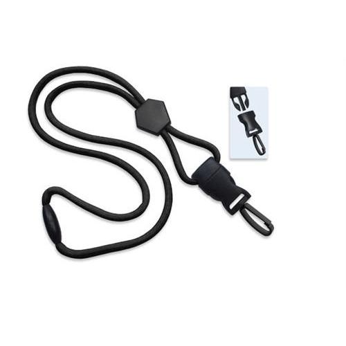 A black adjustable Metal Detector Friendly Heavy Duty Lanyard with Diamond Slider, Breakaway Clasp & Quick Release Plastic Hook - MRI Safe (2135-45XX) shown in close-up.