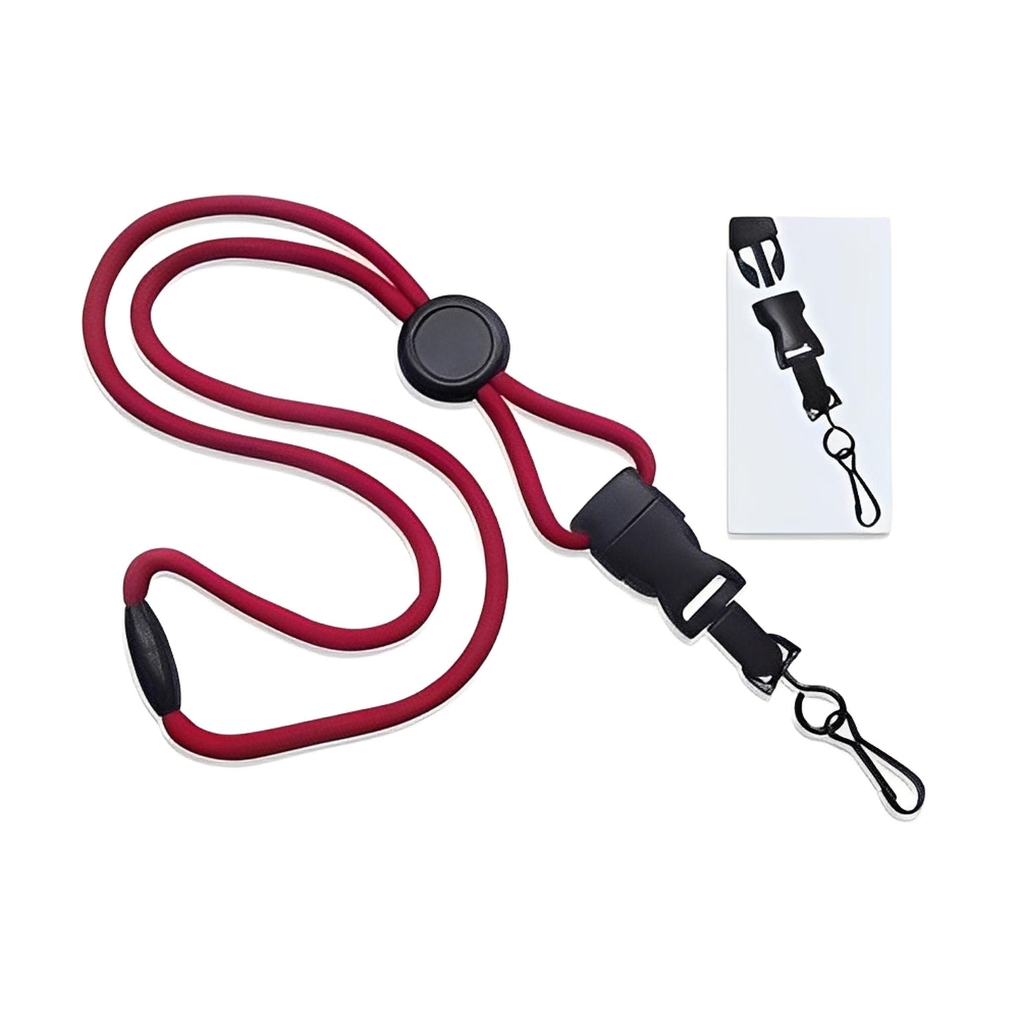The Heavy Duty 1/4" Round Lanyard with Detachable Swivel Hook 2135-457X is featured in red and black, with a plastic safety clasp and breakaway design, shown both extended and rolled up.