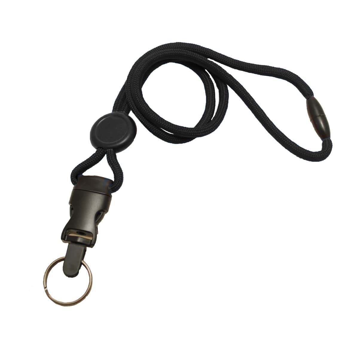 A black Breakaway Lanyard with Round Slider And Detachable Key Ring 2135-461X, breakaway safety features, and a detachable split ring for added convenience.