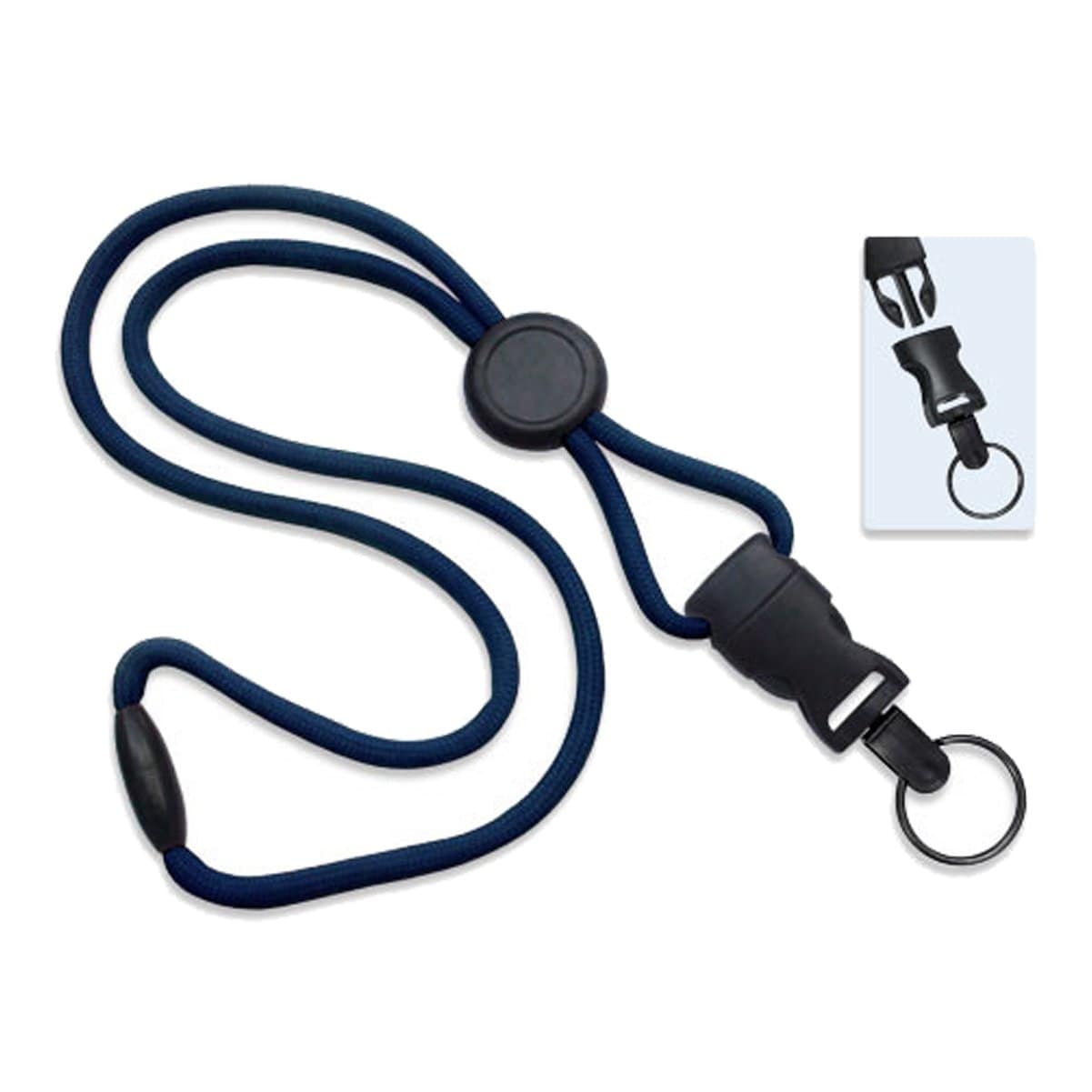 A Breakaway Lanyard with Round Slider And Detachable Key Ring 2135-461X with an attached black buckle and keyring. An inset shows a close-up of the buckle mechanism, highlighting its safety features.