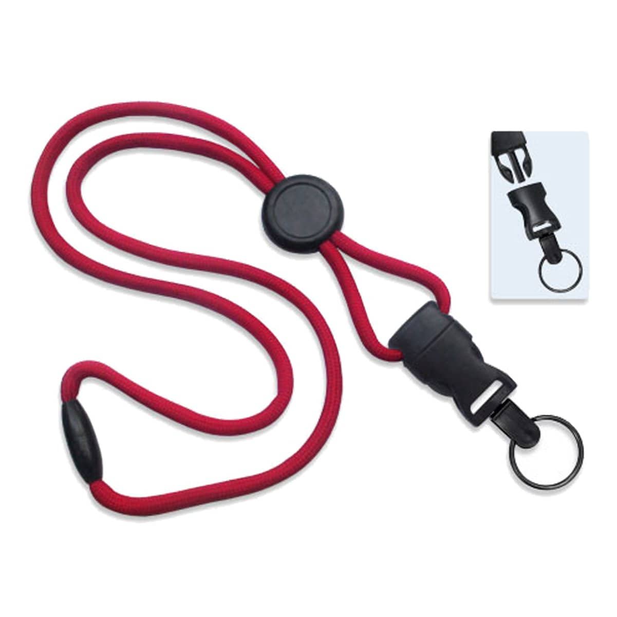 A Breakaway Lanyard with Round Slider And Detachable Key Ring 2135-461X with a black clasp and a keyring attachment. A small inset image shows a close-up of the clasp mechanism, highlighting its safety features.