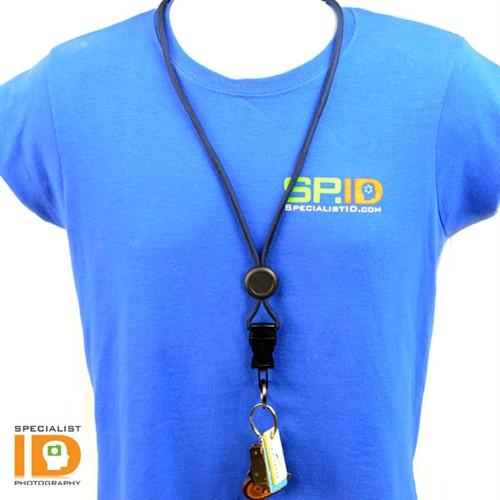 Person wearing a blue shirt with "SPECIALIST ID" logo, a Breakaway Lanyard with Round Slider And Detachable Key Ring 2135-461X holding a badge with safety features, and various keys on a detachable split ring.