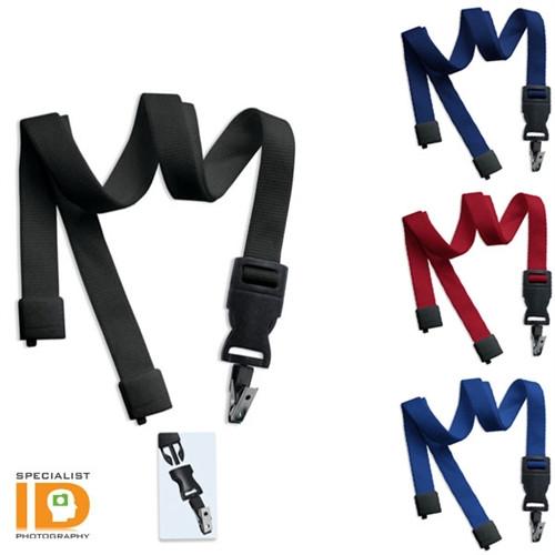 Breakaway Flat Tubular Lanyard With Detachable Bulldog Clip 2135-466X in black, blue, red, and navy with a breakaway buckle and detachable bulldog clip attachment. Specialist ID logo is visible in the bottom left corner.