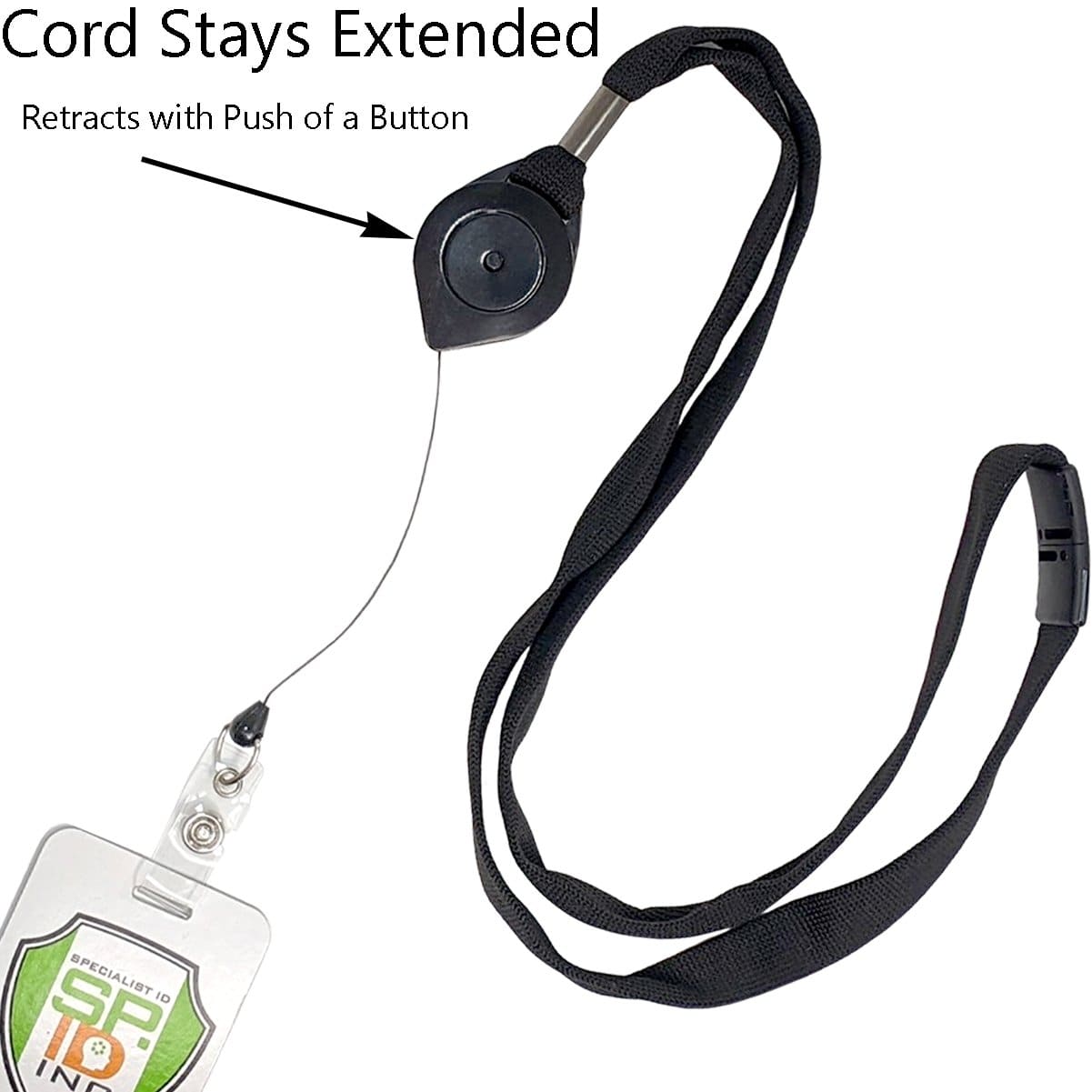 A black Locking Retractable Badge Reel Lanyard 2136-3521 with a cord that extends and retracts via a button. The attached holder displays an ID badge with some text and a logo. An arrow points to the button, noting the retraction feature, making it ideal for government agencies.