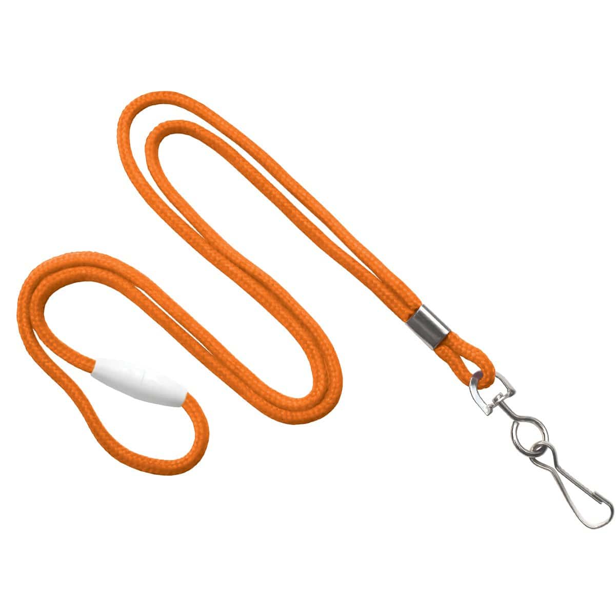 A Round Breakaway Lanyard with Swivel Hook (2137-200X) with a metal clip on one end, ideal for attaching an ID card holder, and a white plastic breakaway clasp on the other.