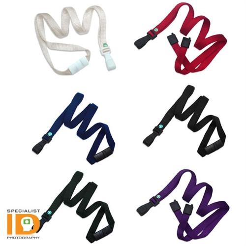Various colors of the Earth Friendly Bamboo Lanyard - Extra Soft - with Breakaway and Wide Plastic Hook 2137-204X; includes white, red, blue, black, and purple options. Made from environmentally friendly bamboo lanyards with a safety breakaway feature for added security.