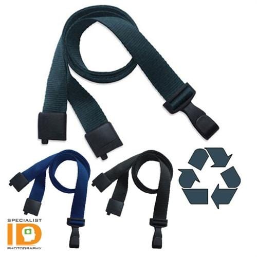 Four different color Recycled PET Wide 5/8" Breakaway Lanyard 2137-206X are displayed next to a recycling symbol, indicating they are made from recycled PET lanyards. There's also a "Specialist ID" logo in the bottom left corner.