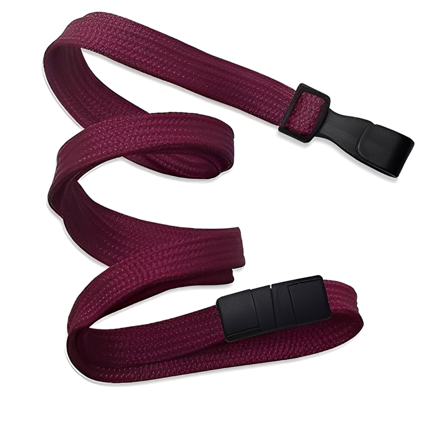 The Breakaway Lanyard with No Twist Plastic ID Clip (2137-474X) is maroon, features two black plastic clips, and is metal detector/MRI friendly—ideal for secure, comfortable everyday wear without any metal parts.